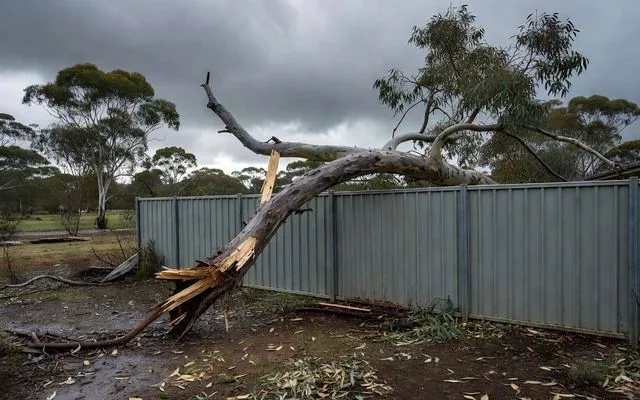 A snapped gum limb over a colorbond fence