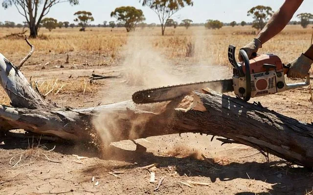A chainsaw cutting a heavy gum limb
