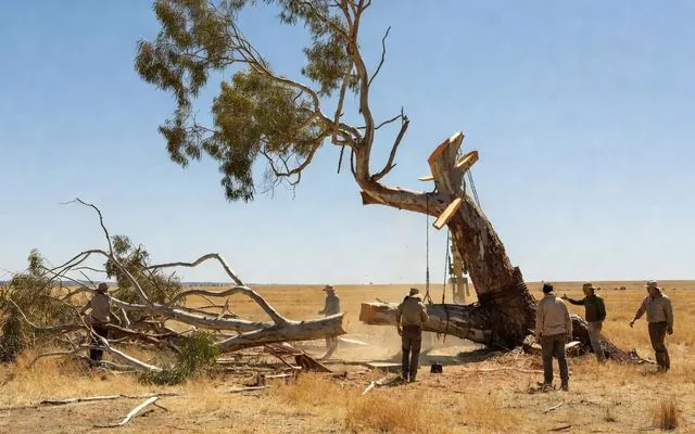 A river red gum being removed in sections