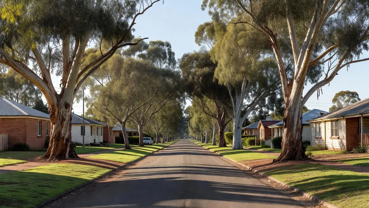 A wide regional street lined with large mature eucalyptus trees and suburban homes
